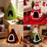 Weihnachtliches Katzenhaus im Tannenbaum-Design – Kuscheliges Winter-Katzenbett halbgeschlossen – Bild 5
