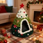 Weihnachtliches Katzenhaus im Tannenbaum-Design – Kuscheliges Winter-Katzenbett halbgeschlossen – Bild 8