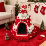 Weihnachtliches Katzenhaus im Tannenbaum-Design – Kuscheliges Winter-Katzenbett halbgeschlossen – Bild 7
