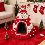 Weihnachtliches Katzenhaus im Tannenbaum-Design – Kuscheliges Winter-Katzenbett halbgeschlossen – Bild 6