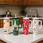 Weihnachtlicher Edelstahl-Thermobecher mit Griff & Strohhalm – Große Isolierflasche für unterwegs