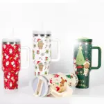 Weihnachtlicher Edelstahl-Thermobecher mit Griff & Strohhalm – Große Isolierflasche für unterwegs – Bild 2