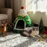 Weihnachtliches Katzenhaus im Tannenbaum-Design – Kuscheliges Winter-Katzenbett halbgeschlossen – Bild 4