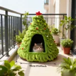 Weihnachtliches Katzenhaus im Tannenbaum-Design – Kuscheliges Winter-Katzenbett halbgeschlossen – Bild 9